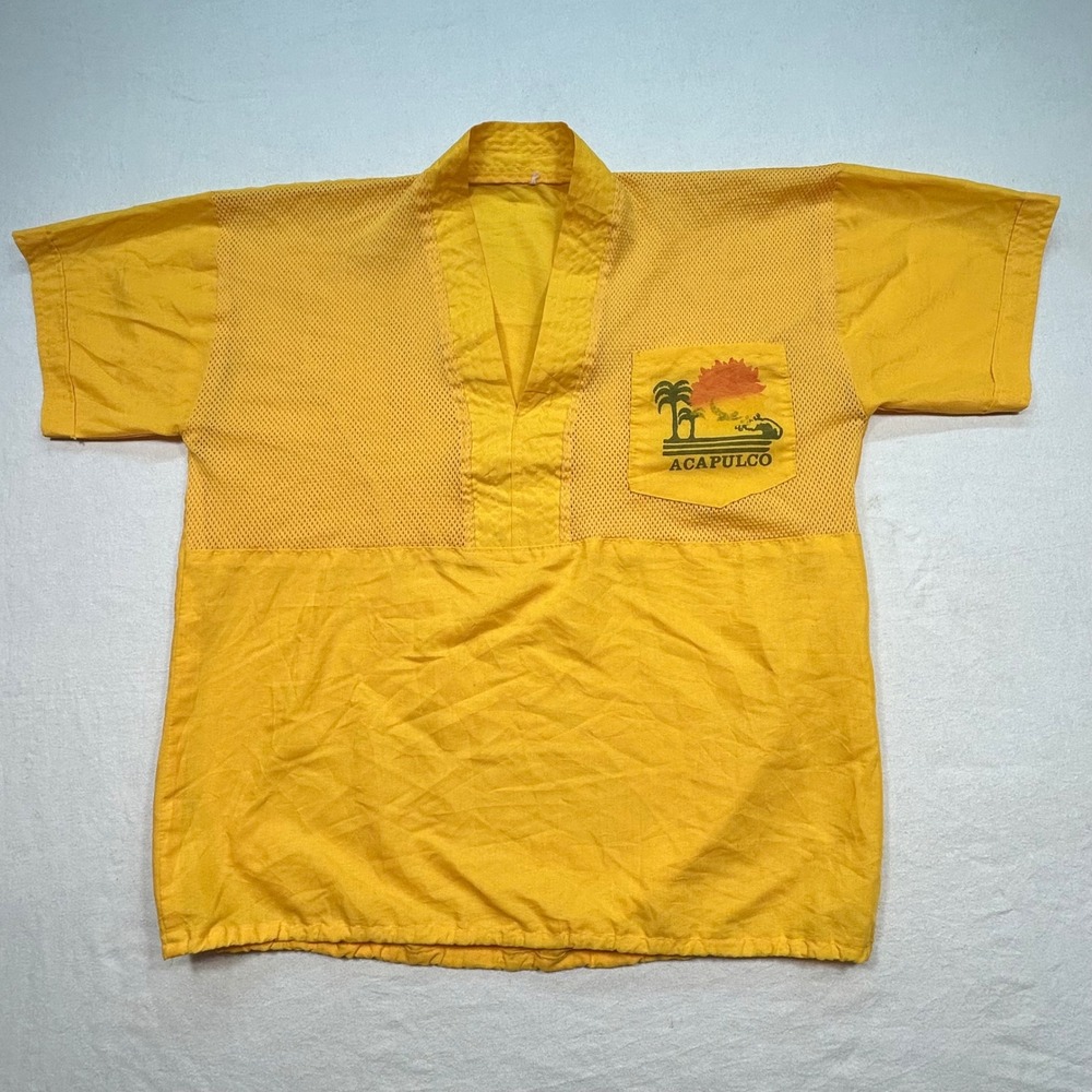 VTG Acapulco Souvenir Shirt XL Mens Yellow Mesh V Neck Retro Tropical Pocket Tee